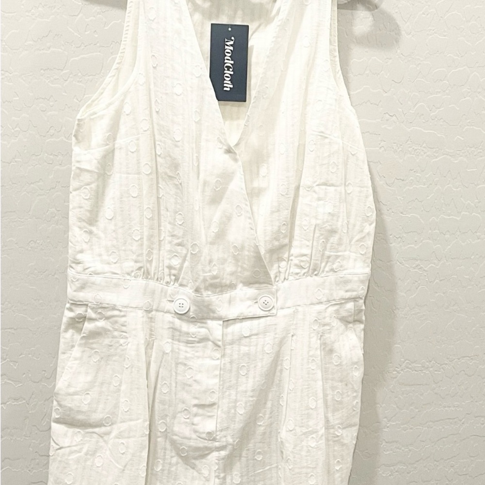 Modcloth Women’s Ivory Cotton Stripe Polka Dot Motif Romper Size Large NWT